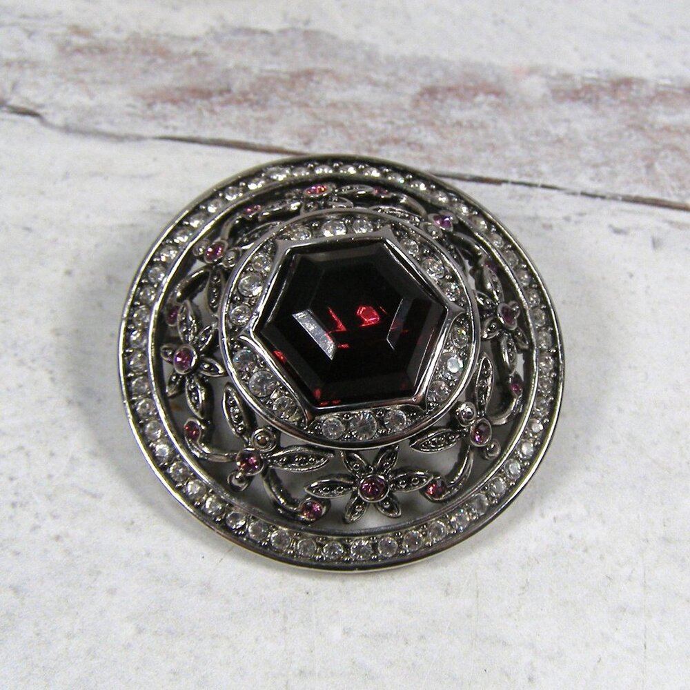 Joan Rivers Hexagon Amethyst Purple Silver Tone Butterfly Flower Domed Brooch